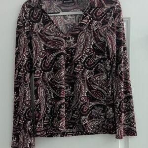 New York & Company Maroon and White Paisley Long Sleeve Top